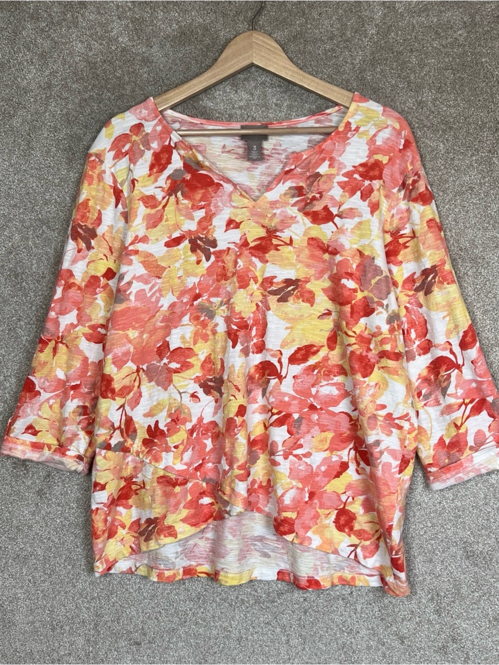 Chico's Shirt Womens 3 Orange Yellow Cotton 3/4 Sleeve Pullover Stretch- 5302